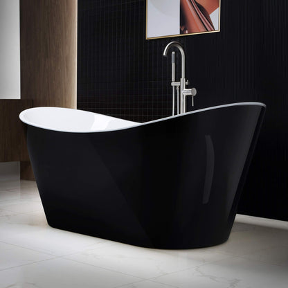 WOODBRIDGE 59" Acrylic Freestanding Bathtub Contemporary Soaking Tub with Brushed Nickel Overflow and Drain, B-1816 Black Color