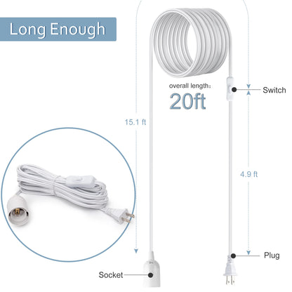 JACKYLED 20Ft UL Approval Extension Hanging Lantern Pendant Light Lamp Cord Cable 360W Suitable for E26 E27 Socket with On/Off Switch for Paper Lantern