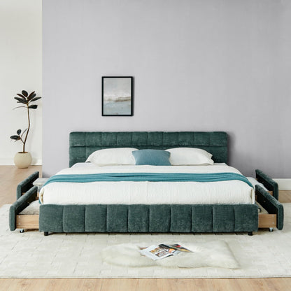 KEIKI King Thick Chenille Bed Frame with 4 Storage Drawer & Upholstered Tufted Headboard, Modern Solid Wood Floor Platform for Bedroom, No Box Spring Needed