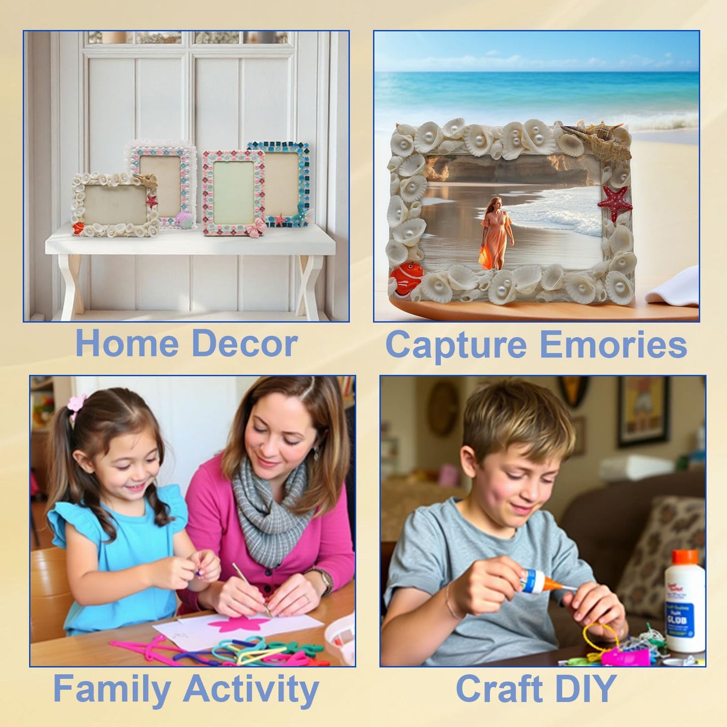 Fenzonmic DIY Wooden Photo Frame Kit – Includes Cream Glue Gun & Resin Decor (Shells, Pearls, Sea-Themed) for 4x6 Inch (10x15cm) Pictures, Creative Craft Gift for Friends, Family