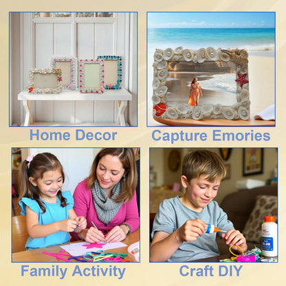 Fenzonmic DIY Wooden Photo Frame Kit – Includes Cream Glue Gun & Resin Decor (Shells, Pearls, Sea-Themed) for 4x6 Inch (10x15cm) Pictures, Creative Craft Gift for Friends, Family