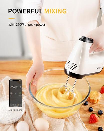SHARDOR Hand Mixer Electric, 6 Speed & Turbo Mixer Electric Handheld, Snap-On Storage Case,5 Stainless Steel Accessories for Whipping, Mixing Cookies, Brownie, Cakes, Dough Batters, White