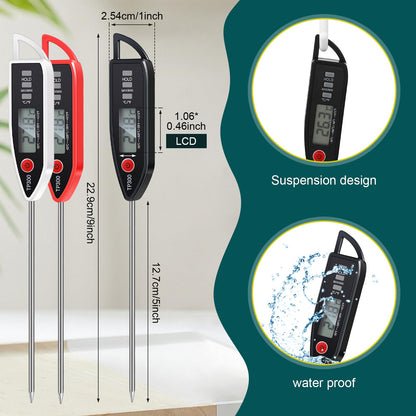 6 Pcs Instant Read Meat Thermometer with Long Probe 9.65 Inch Kitchen Cooking Food Candy Waterproof Digital Thermometer for BBQ Water Milk Yogurt Liquid (Round&Square Ring,Black,White,Red)
