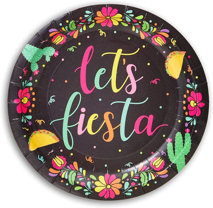 80 Pack Let's Fiesta Party Plates - 7 inch Decorative Dinnerware for Special Occasions (Black)