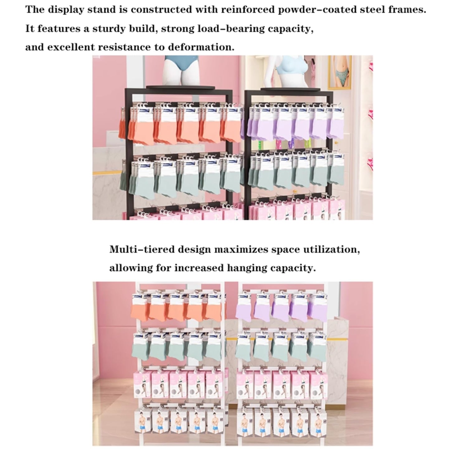 25.5 * 15.7 * 53in Sock Lingerie Bra Rack with Hook, Metal, Commercial Underwear Retail Display Stand, Freestanding Clothing Storage Shelf, for Farmers Markets, 4 Tier(Black)