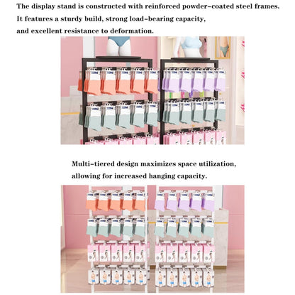25.5 * 15.7 * 53in Sock Lingerie Bra Rack with Hook, Metal, Commercial Underwear Retail Display Stand, Freestanding Clothing Storage Shelf, for Farmers Markets, 4 Tier(Black)