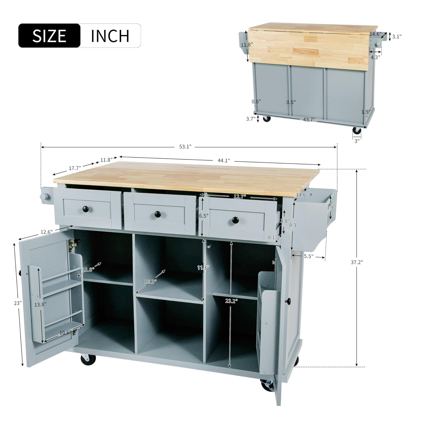 Yayzy Rolling Kitchen Island with Drop Leaf, Cabinet Door Storage Racks & 3 Drawers, Mobile Kitchen Cart with Rubberwood Top & Locking Wheels for Dining Room & Kitchen, 53-Inch, Grey Blue
