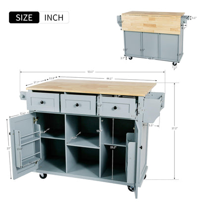 Yayzy Rolling Kitchen Island with Drop Leaf, Cabinet Door Storage Racks & 3 Drawers, Mobile Kitchen Cart with Rubberwood Top & Locking Wheels for Dining Room & Kitchen, 53-Inch, Grey Blue