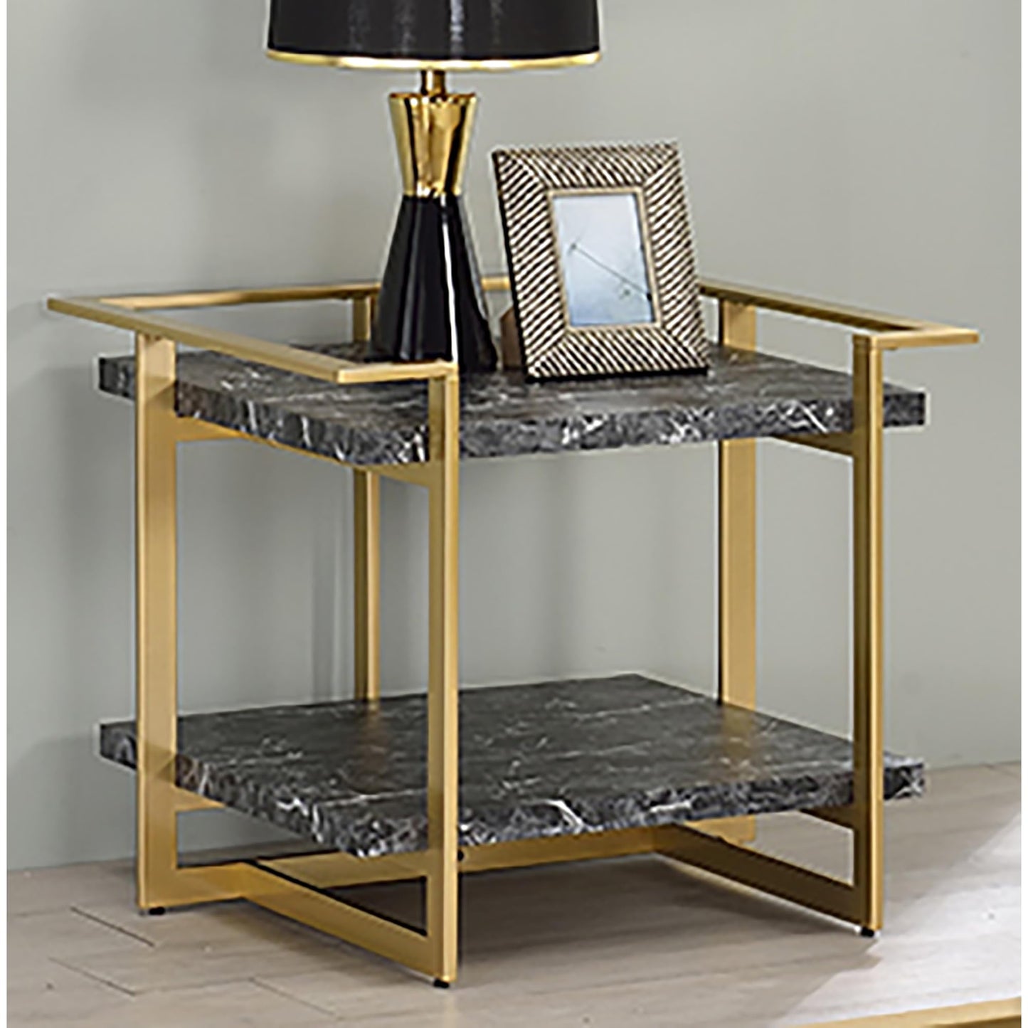 24/7 Shop at Home Daphne Modern Open-Shelf Rectangle Faux Marble 27 in. End Table with Metal Frame for Living Room, Bedroom, Home Office, Gold and Black