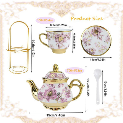 YTDTKJ 20 PCS Ceramic Tea Sets for Women Tea Party, Purple Pattern Tea Set with Gold Shelf, Flower Porcelain Tea Set with 6 Plates & 6 Spoons, Coffee Cup Set for Restaurant Hotels Dinner