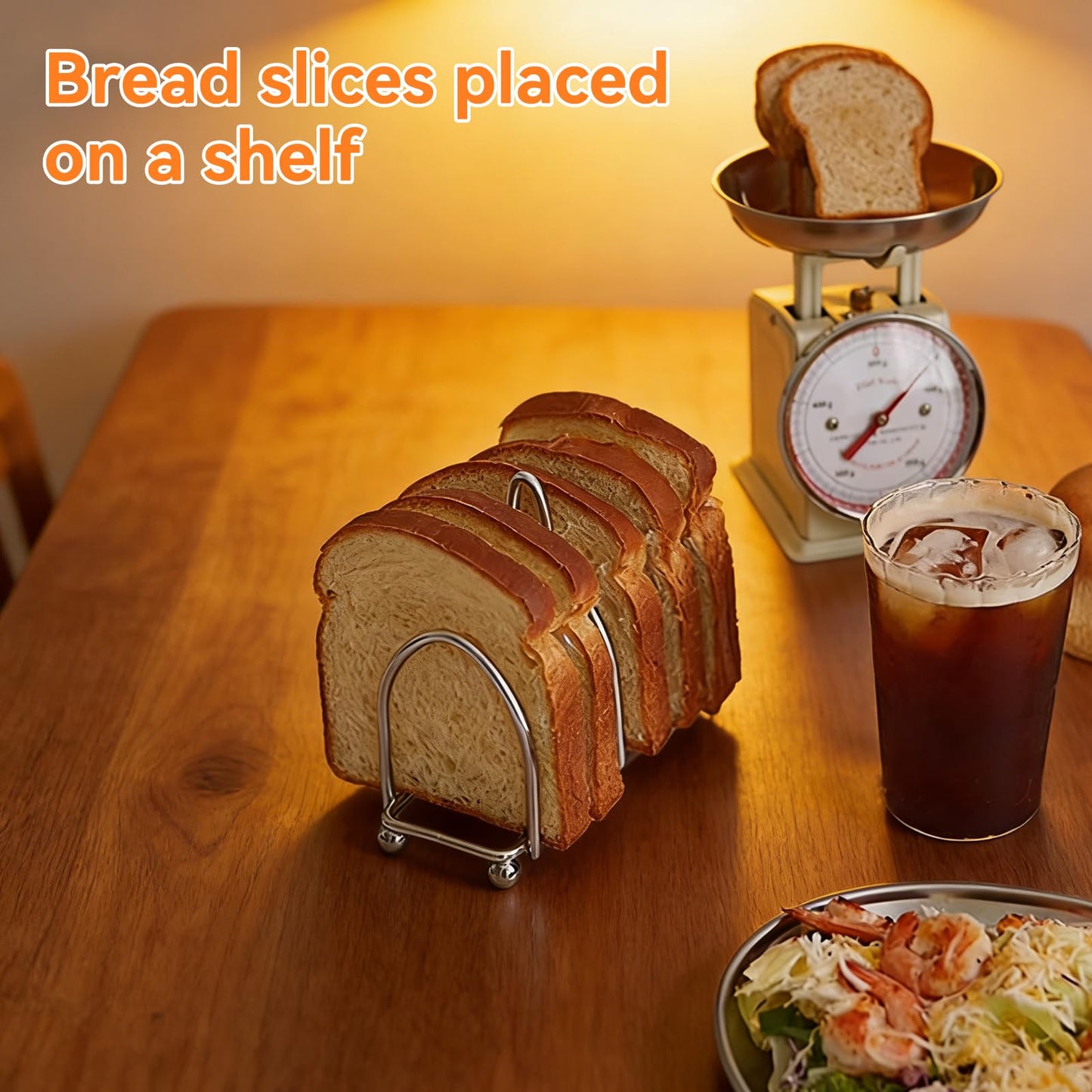 Frdhee Toast Rack English Style, 6 Slice Bread Holder, Stainless Steel Toast Holder Stand with Ball Feet, Vintage British Bread Loaf Grid Cooling Station with Handle for Kitchen Bakeware