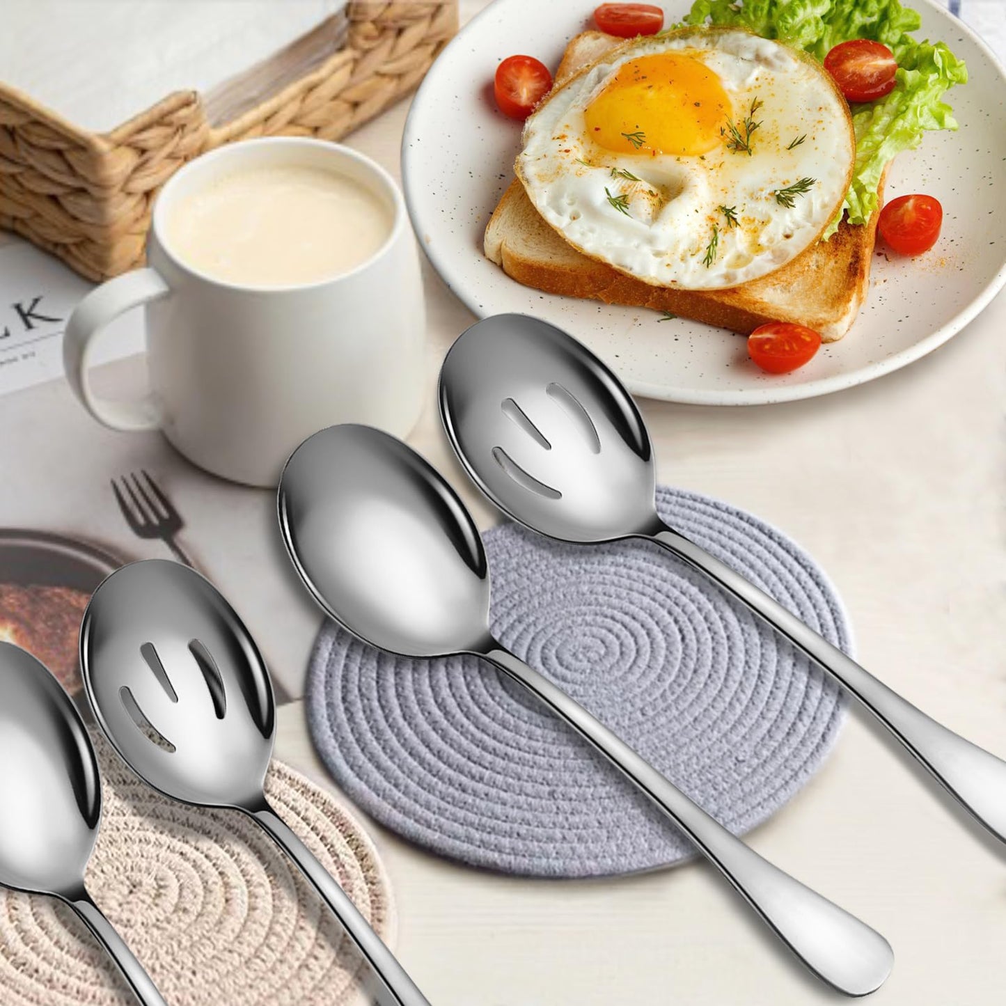 Keyoxy 4 Piece Stainless Steel Serving Spoons Set, 10-Inch, Includes 2 Large, 2 Slotted, for Parties/Kitchen/Buffet/Catering, Dishwasher Safe