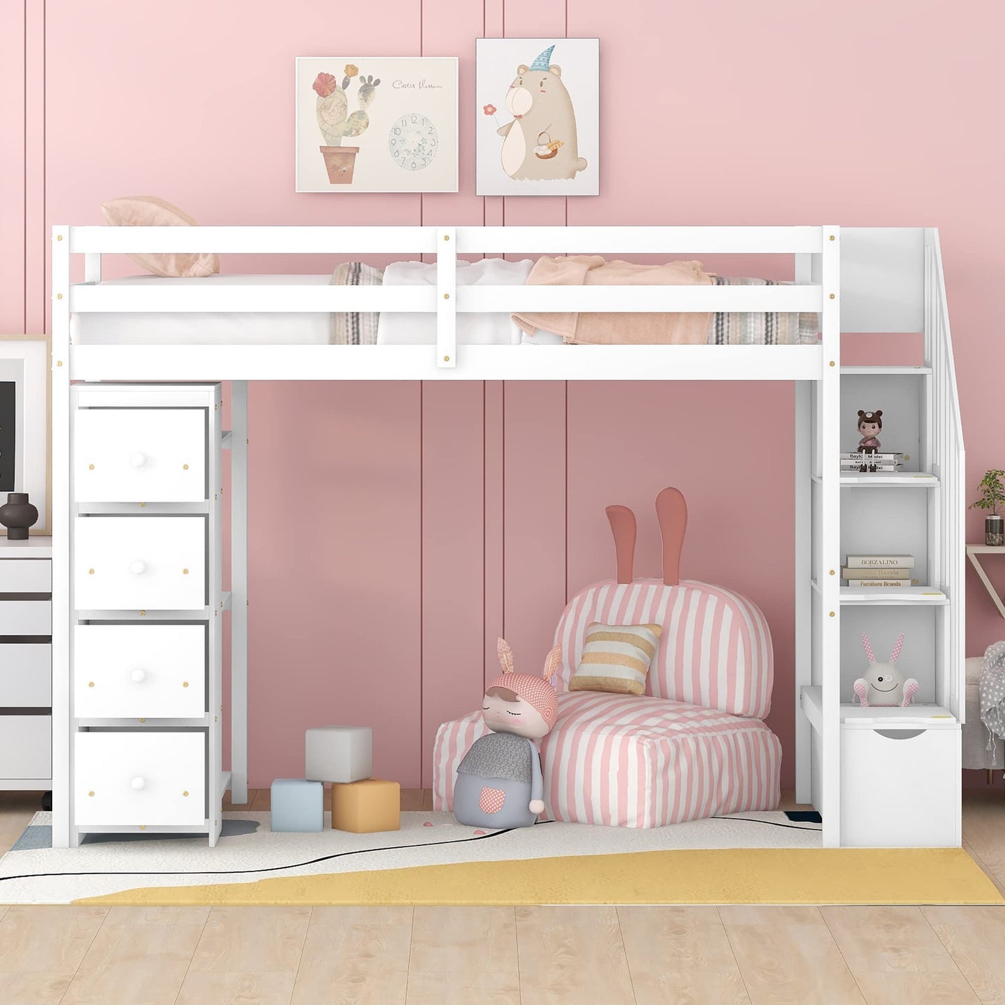 Merax Twin-Size Loft Bed with Storage Drawers and Stairs, Wooden Loft Bed with Shelves for Teens, White