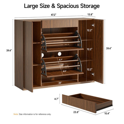 ONBRILL Large Shoe Cabinet with 2 Flip Drawers (3-Tier Each), 27-35 Pairs Shoe Organizer with Storage Drawer, 2 Doors & Open Shelf, 47.2'' Wide Shoe Storage Cabinet for Entryway Hallway (Walnut)