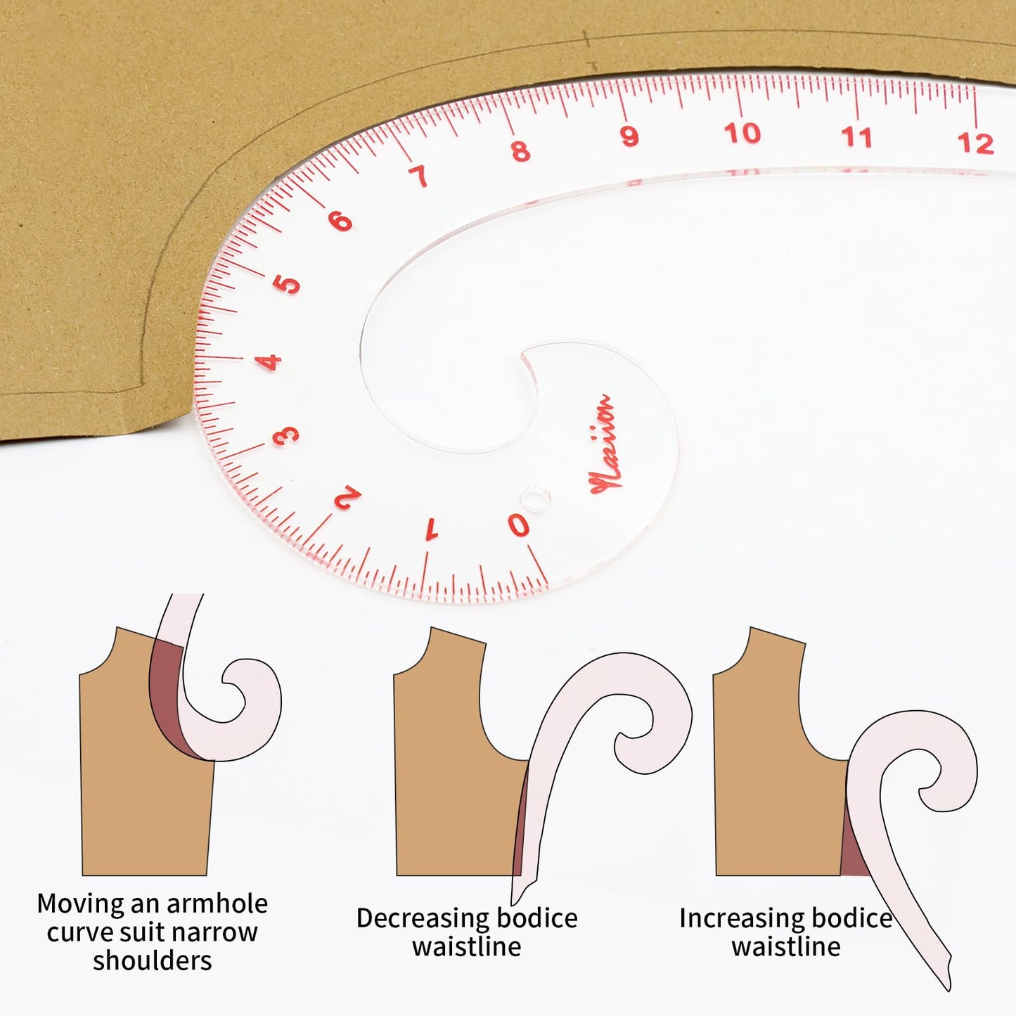 YLaziion 12inch 3mm Acrylic French Curve Ruler for Pattern Making- Clear Comma Shape Pattern Drafting Tool with Enlarged Scales | Non-Yellowing, Vary Form Curve for Sewing & Fashion Design & Quilting