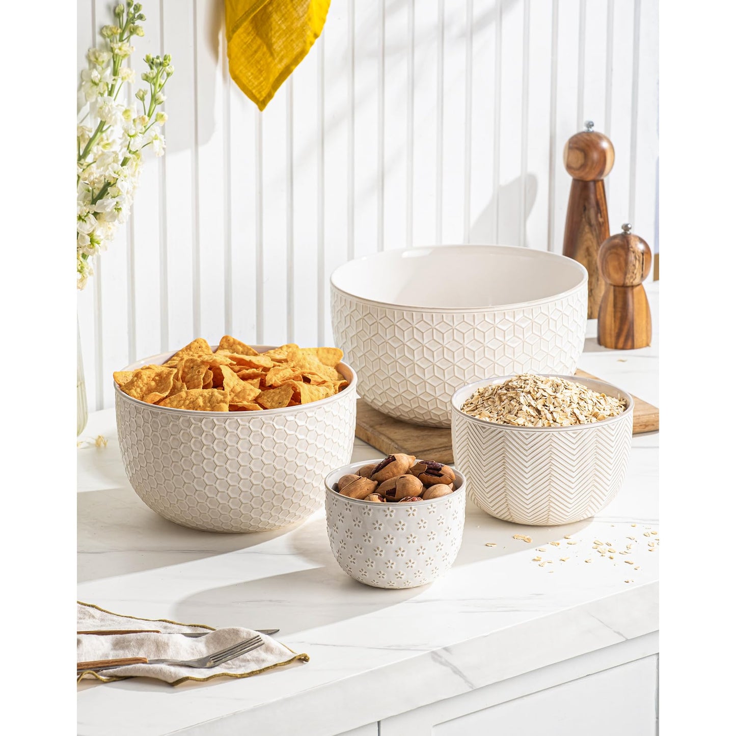 MIKIGEY Ceramic Mixing Bowls, Embossed Nesting Bowls Set of 4, Mixing Bowl Set for Serving, Baking, Cooking and Gift, Microwave and Dishwasher Safe, 20/47/99/148 oz, Off-White