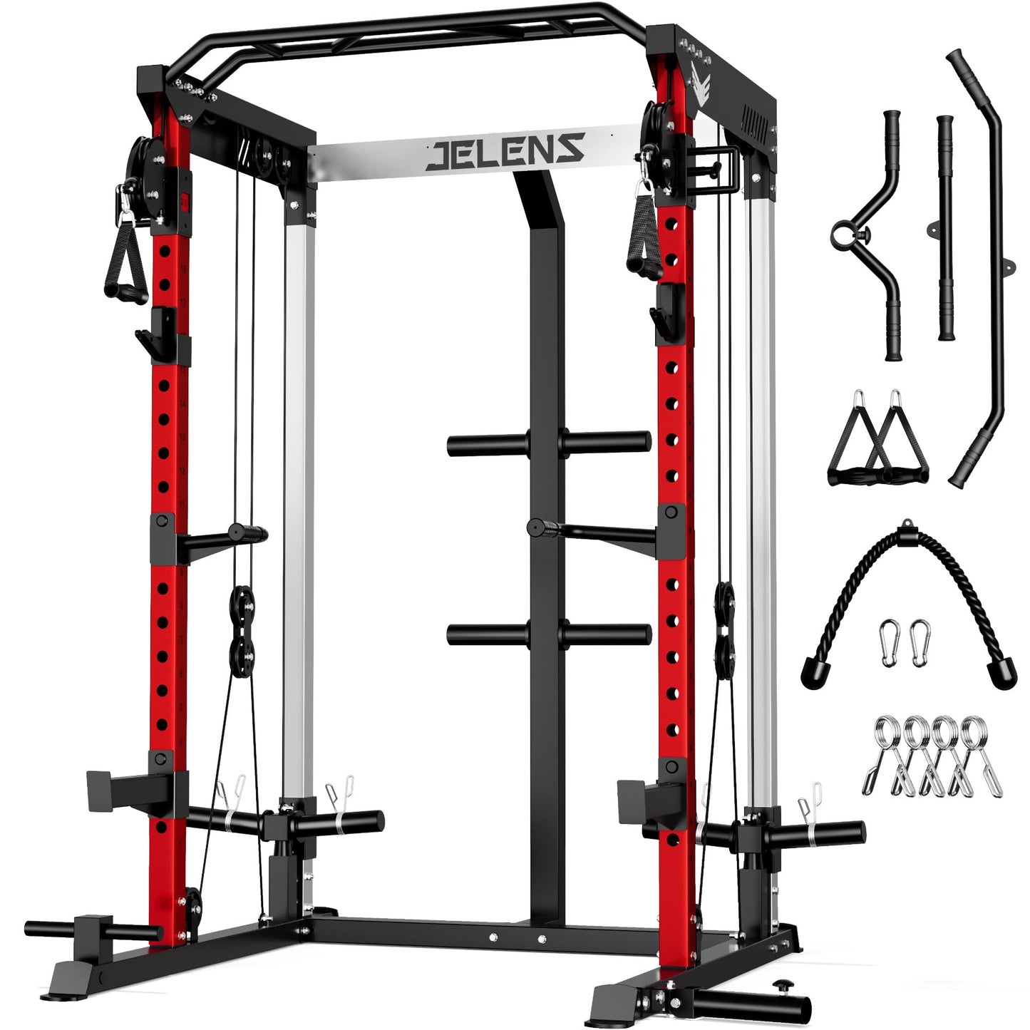 JELENS C21 Power Cage, 2000LBS Multi-Function Power Rack with Independent Dual Pulley System, All-in-One Squat Rack for Cable Crossover, Home Gym Workout Machine (Red, C21 Power Cage)