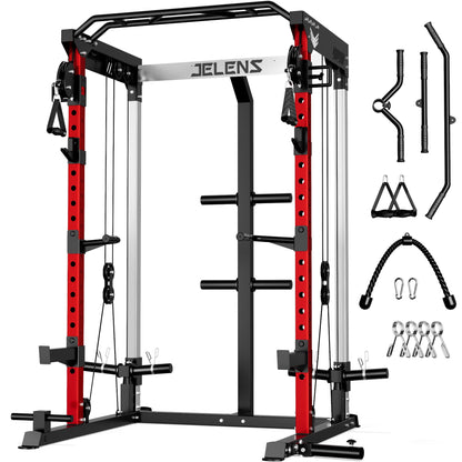 JELENS C21 Power Cage, 2000LBS Multi-Function Power Rack with Independent Dual Pulley System, All-in-One Squat Rack for Cable Crossover, Home Gym Workout Machine (Red, C21 Power Cage)