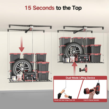 Overhead Garage Storage Rack for 12–14 FT Ceiling, Heavy-duty 4x4 FT Ceiling Storage Racks with Safety Lock, Ideal for Garage Storage Mounted Lift System and Storage Organizer, 250lbs Capacity