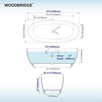WOODBRIDGE 59" Stone Resin Freestanding Soaking Tub, Modern Oval Solid Surface Bathtub with Integrated Slotted Overflow & Drain, Matte White, B0055