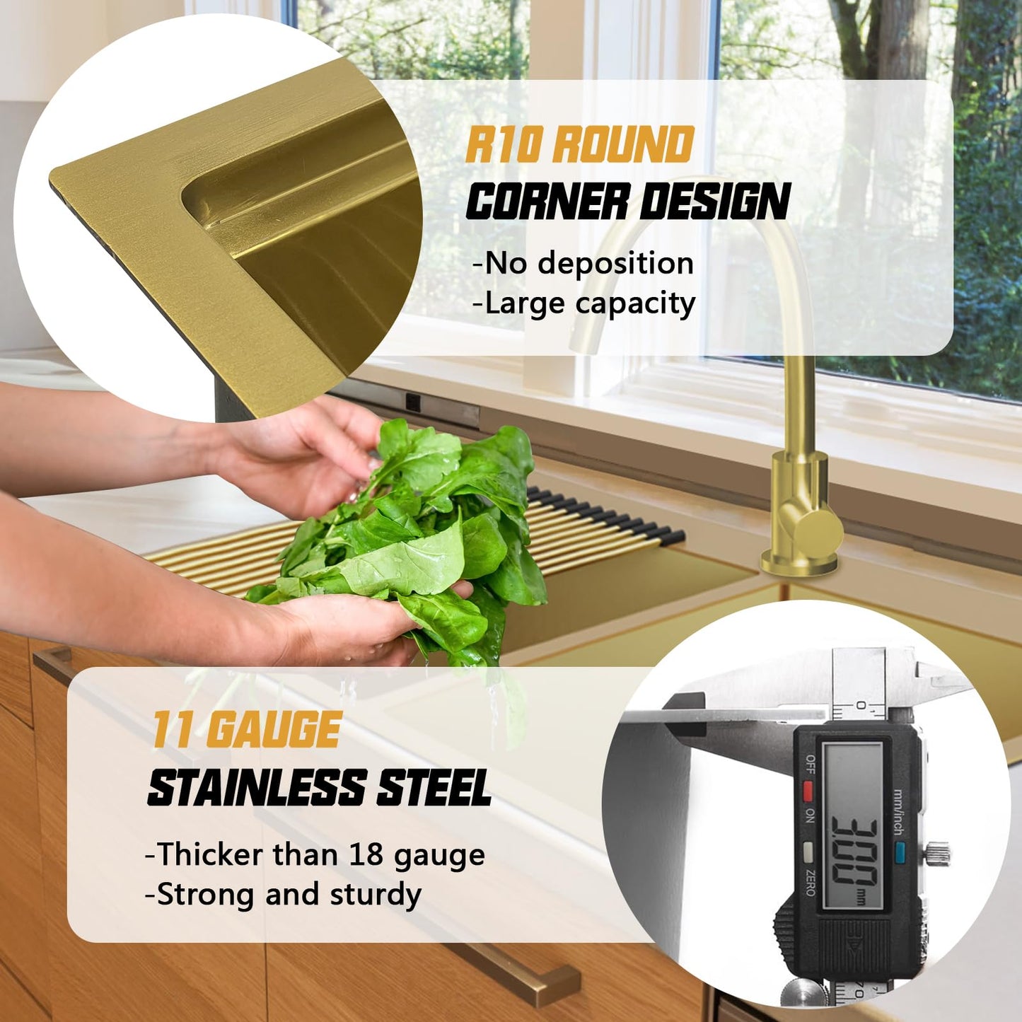 Gold 50/50 Double Bowl Kitchen Sink, 33"x 22" Stainless Steel Drop In Kitchen Sink Gold Topmount Sink With Gold-tone Accessories-Rack,Grid And Drain Assembly Add Luxurious Look For Modern Kitchen