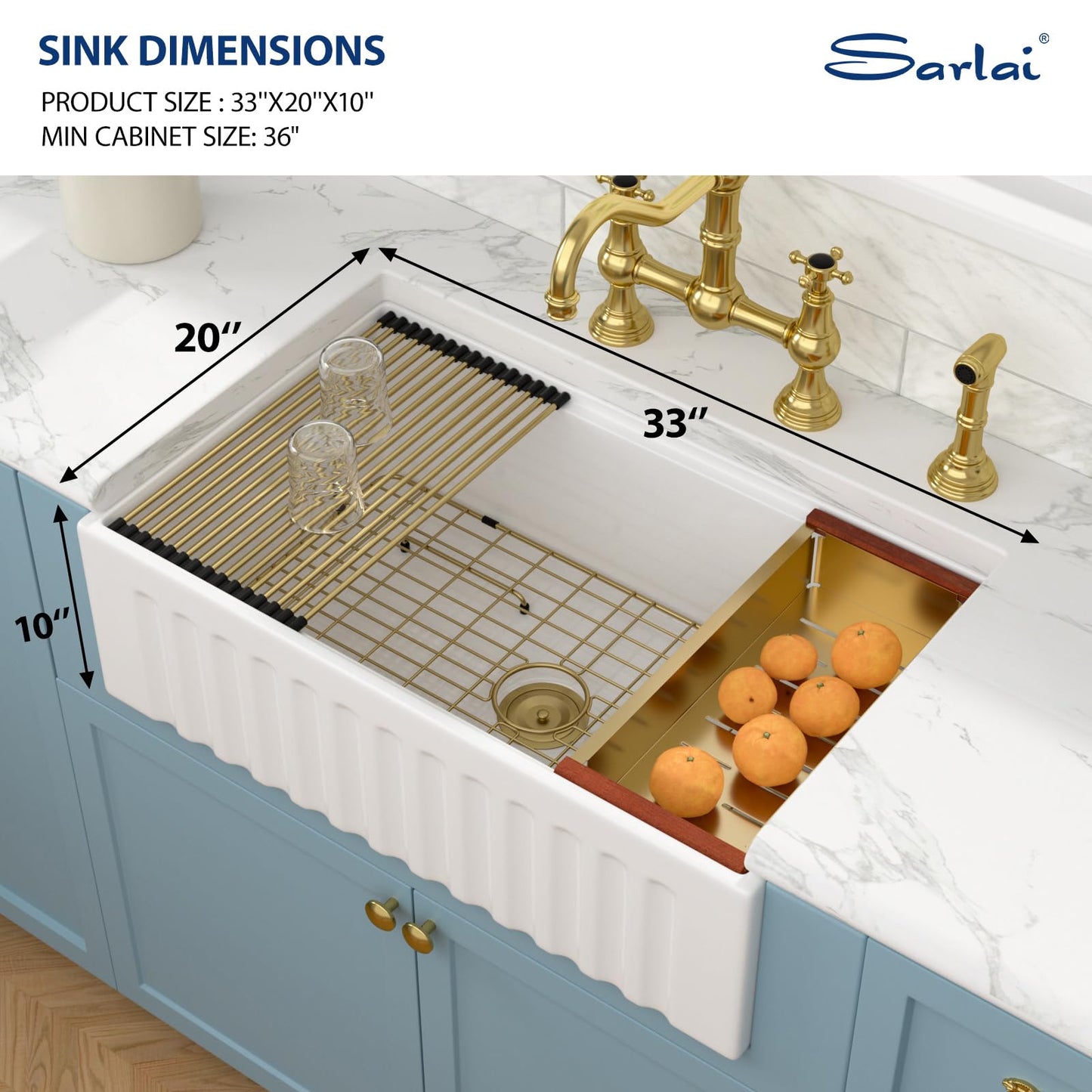 Sarlai White Farmhouse Sink - 33 Inch Farm Kitchen Sink Undermount Workstation Apron Front Reversible Ceramic Fireclay Single Bowl Farmer Sinks Basin 33 x 20 Inch With Gold Accessories