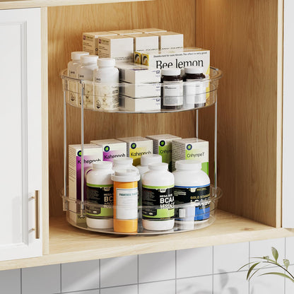 LAMU 12inch 2 Tier Lazy Susan Turntable Organizer Rotating Spice Rack Organization for Cabinet, Kitchen, Pantry, Countertop, Bathroom, Vanity, Medicine Cabinet Organizer, Clear