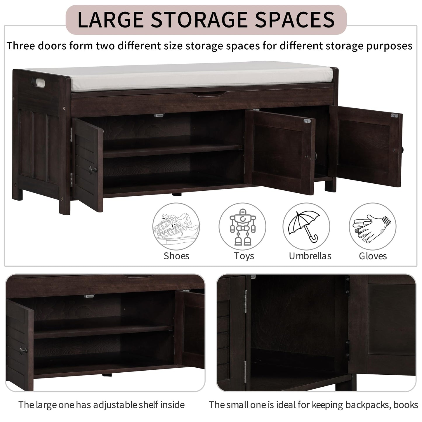 Jintop Wood Storage Bench 3 Shutter-Shaped Doors,Multifunction Shoebox,W/ 2 Size and Removable Cushion & Hidden Savings Space,for Entryway,Bedroom,Living Room,Espresso, 43.5"