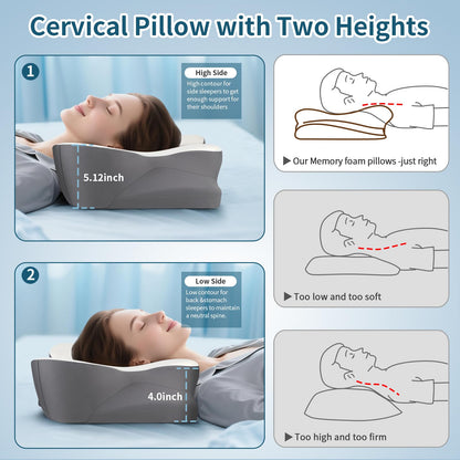 Cervical Neck Pillow for Pain Relief- Ergonomic Memory Foam Pillows for Sleeping, Dual Ear Relief Zone Contour Pillow, Neck Support Pillows for Side Back &Stomach Sleeper (White)