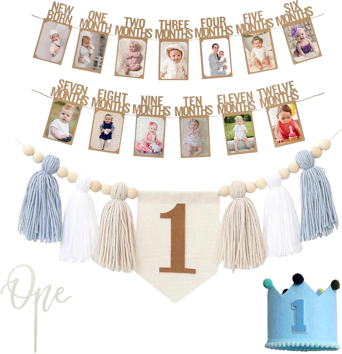 1st Baby First Birthday Party Decorations First Highchair Banner For Baby Boys Blue High Chair Banner Crown Cake Topper