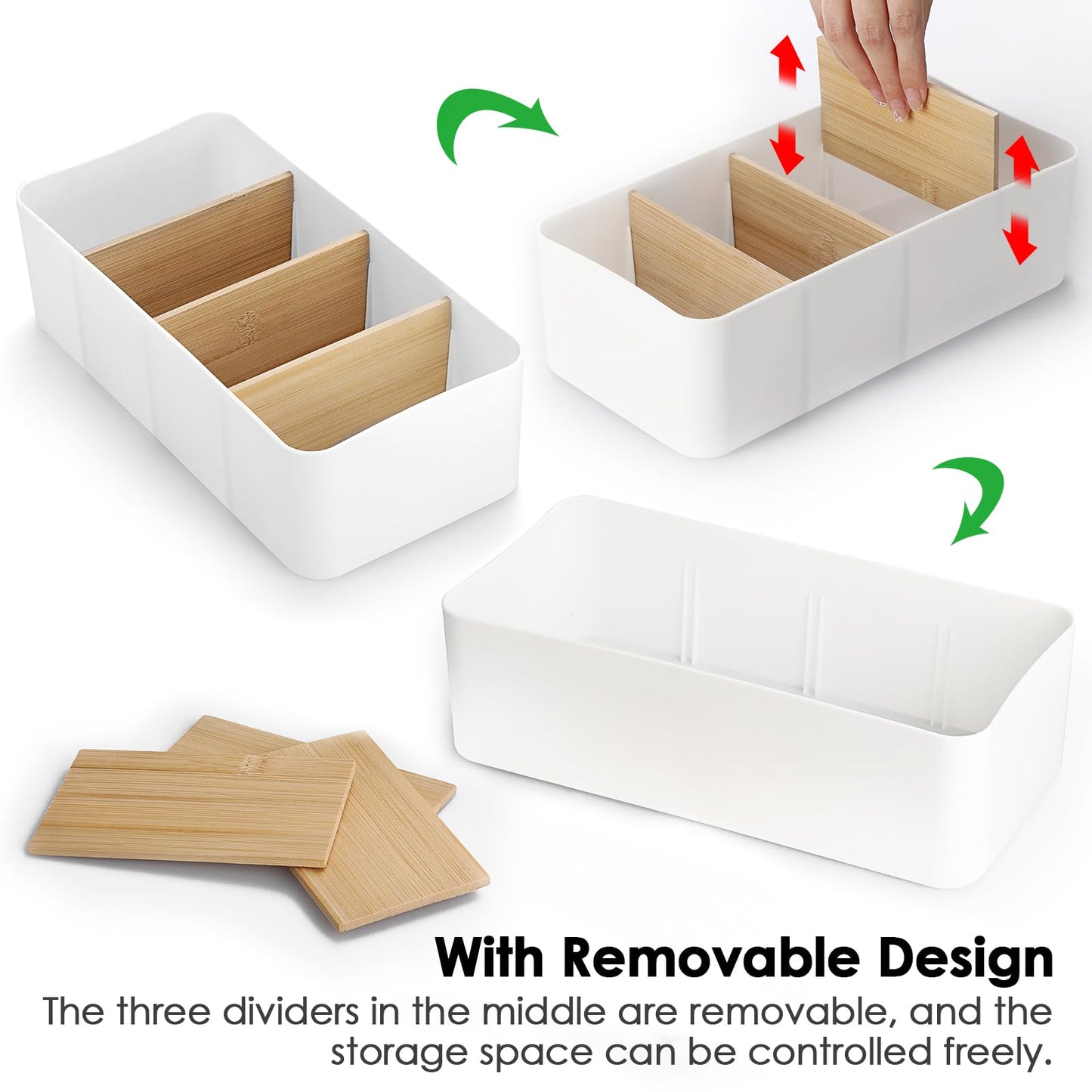 BSTKEY Seasoning Packet Organizer, Food Storage Organizer with Divided 4 Bamboo Wood Compartments, White Plastic Storage Caddy for Pantry Cabinet, Kitchen Organization Bin for Snacks Spice Packets