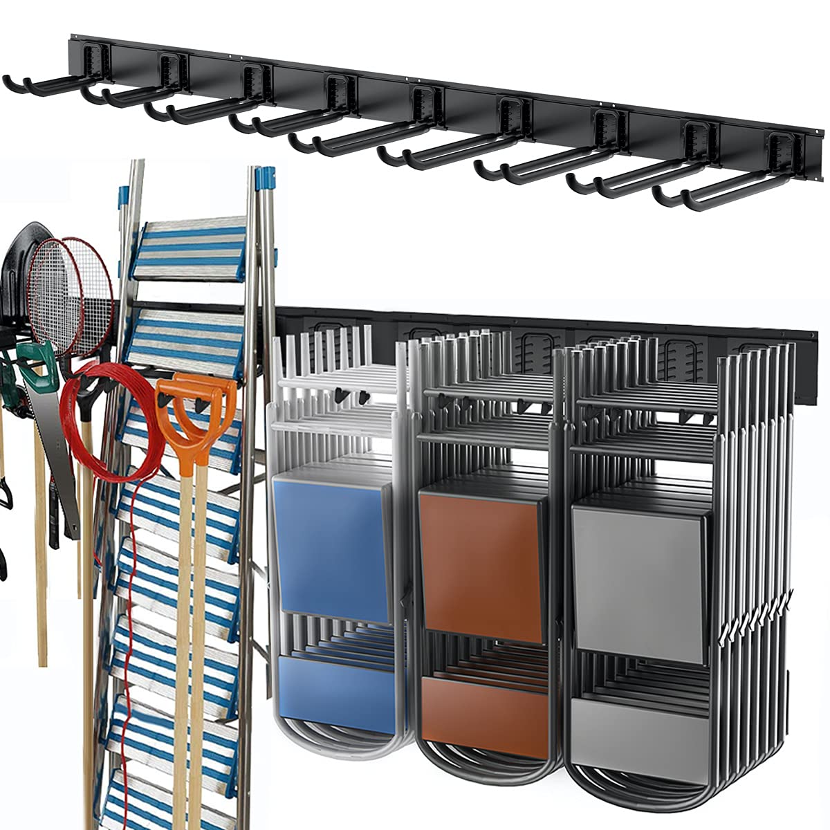 TORACK Tool Storage Rack, Heavy Duty Steel Garage Wall Mount Garden Tool Organizer for Ladders, Chairs, Shovels, Broom, Power tools (8-Pack 5.7"-11" Mixed Hooks, up to 800 lbs)