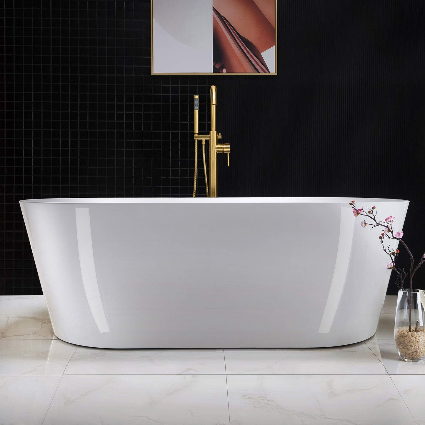 WOODBRIDGE 67" Acrylic Freestanding Bathtub Contemporary Soaking White Tub with Brushed Gold Overflow and Drain，B0013 -BG-Drain &O