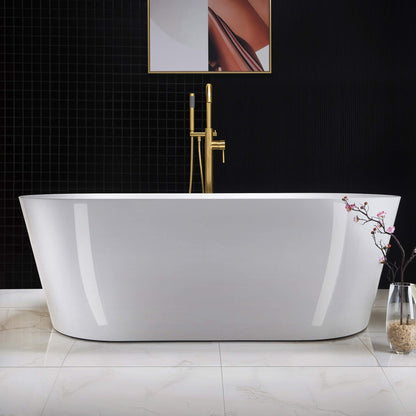 WOODBRIDGE 67" Acrylic Freestanding Bathtub Contemporary Soaking White Tub with Brushed Gold Overflow and Drain，B0013 -BG-Drain &O