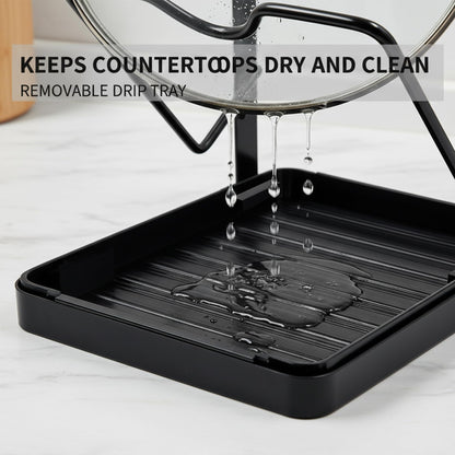FKSWSQY Pot Lid Holder While Cooking, 2-Tier Heavy Duty Pot Lid Organizer with Drip Tray & U-Shaped Groove, Multifunctional Storage Rack for Stove Top & Kitchen Countertop - Black
