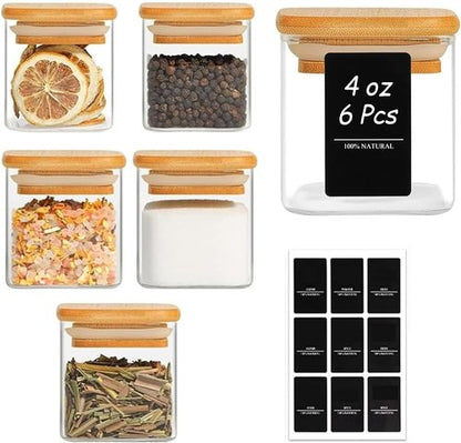 ComSaf Spice Jars - 4 oz Glass Seasoning Containers with Labels | 6-Pack Square Jars for Spices