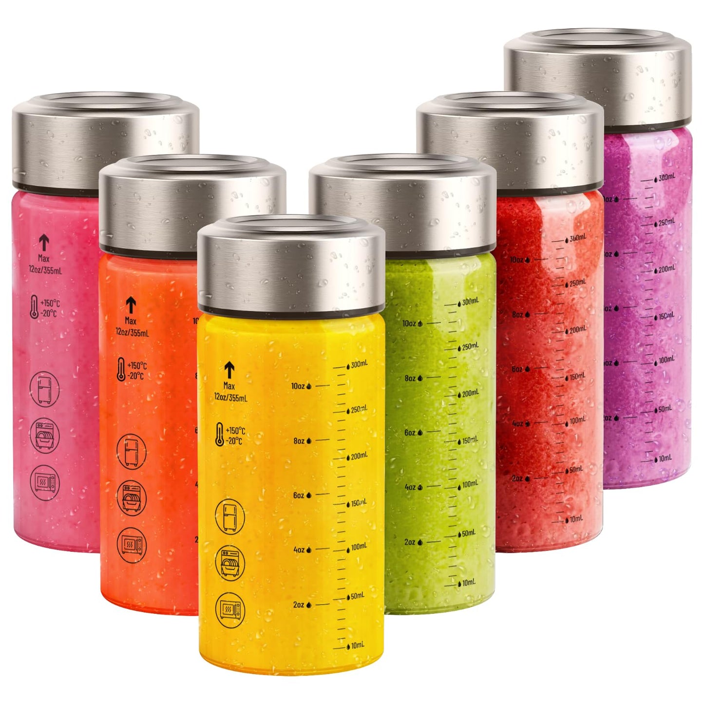 Sursip Glass Juice Bottles 6 Pack 12 oz – Wide Mouth Borosilicate Glass Bottles with Lids – Heat-Resistant, Leakproof, BPA Free, Reusable for Juicing, Smoothies, Milk, Protein Drinks, Water