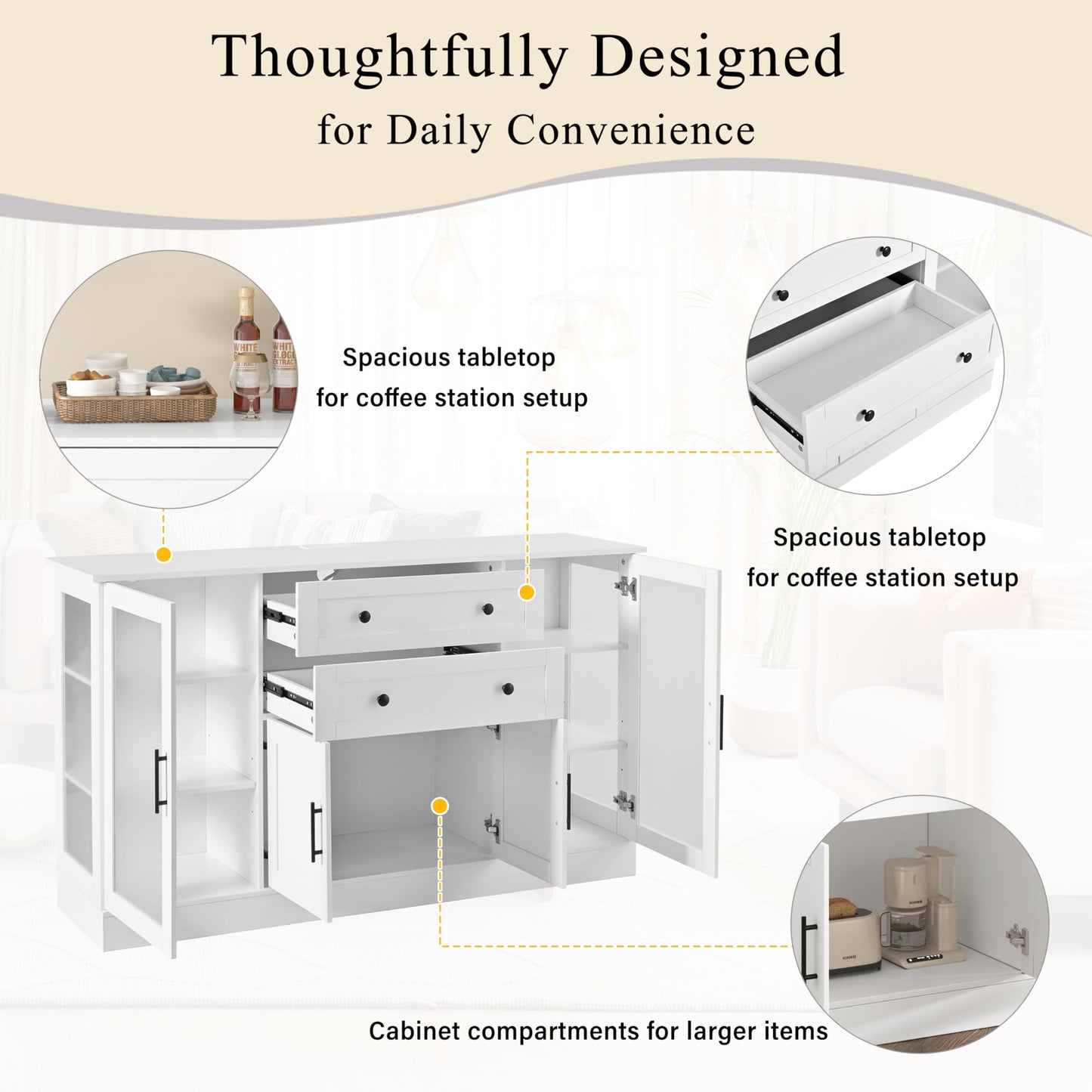 Modern Buffet Cabinet with Storage, 58.3" W Sideboard w/Adjustable Shelves and Drawers for Dining Room, Kitchen, Living Room, Entryway, White
