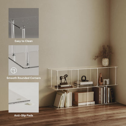CRTERICX 3-Tier Acrylic Horizontal Bookshelf, Clear Long Bookcase, Modern Low Book Shelf with 5 Cube Storage for Living Room, Office, Bedroom, 11.8''D x 47.2''W x 24.6''H