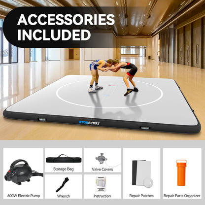Inflatable Wrestling Mat 16.5x16.5FTx6"Thick, Jiu Jitsu Mats, PVC Landing Training Mat Foldable for Home Gym BJJ, MMA, Martial Art, Boxing, Grappling and Judo (Grey Black)