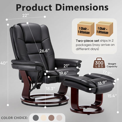 Argus Swivel Recliner with Ottoman, PU Leather & Wood Base Reclining Chair with Footrest, Ultra-Plush Double Foam for Living Room, Bedroom and Office, Set of 2
