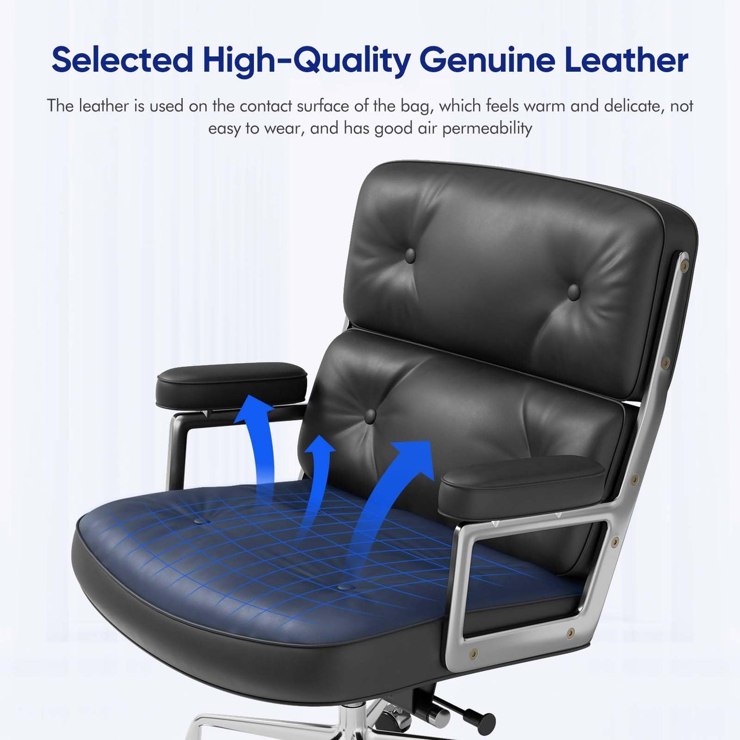 Genuine Leather Office Chair, Mid Back Executive Desk Chairs with Aluminum Arms and Wheels, Swivel Office Leather Chair with Thickened Backrest and Ergonomic Lumbar Support, Black