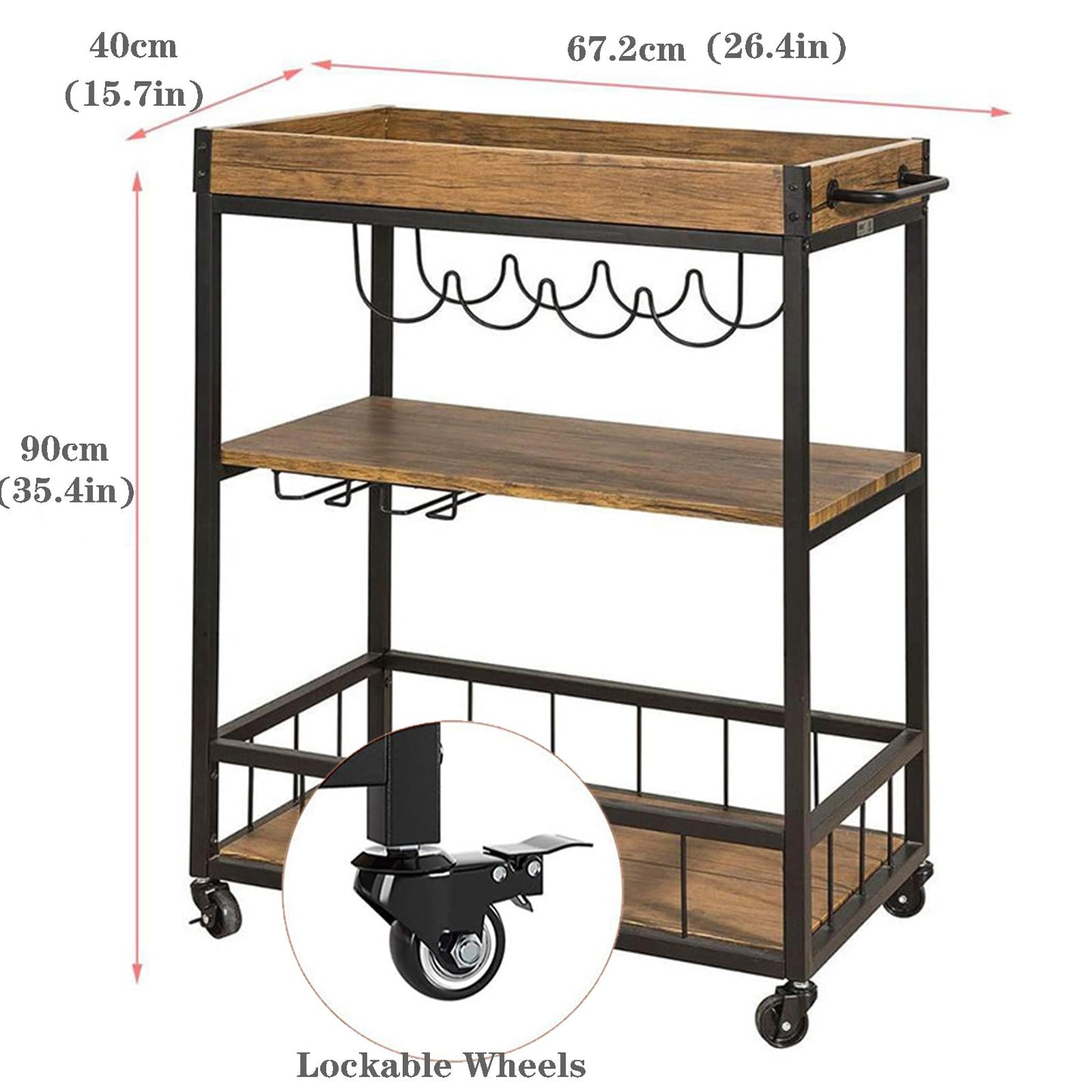 Storage Rack Serving Cart 3-Tiers Serving Trolley with Lockable Wheels & Removable Serving Tray, Rolling Bar Cart with Wine Rack & Glass Holder, for Home, Dining Room,26''Dx16''Wx35''H,Brown