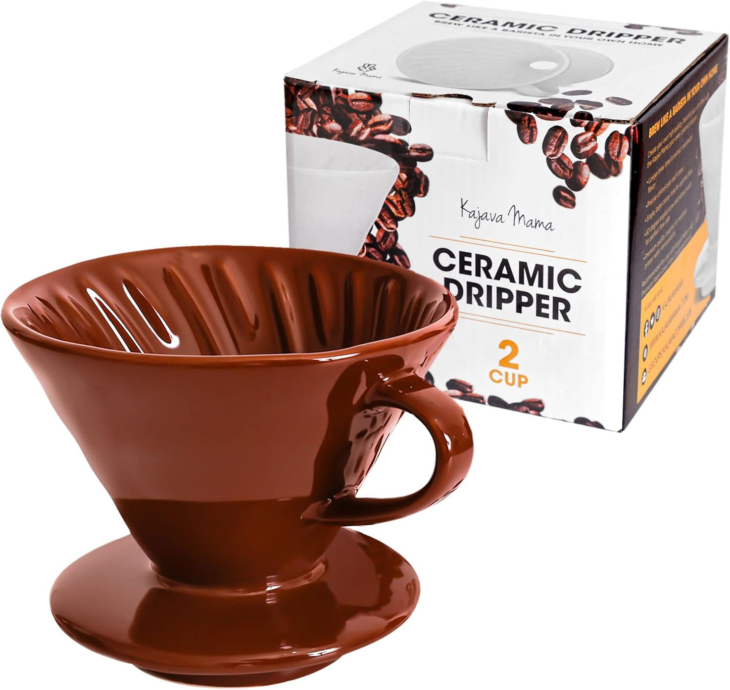 Ceramic Pour Over Coffee Dripper - Slow Brewing Accessories for Home, Cafe, Restaurants - 2 Cup Size, Brown