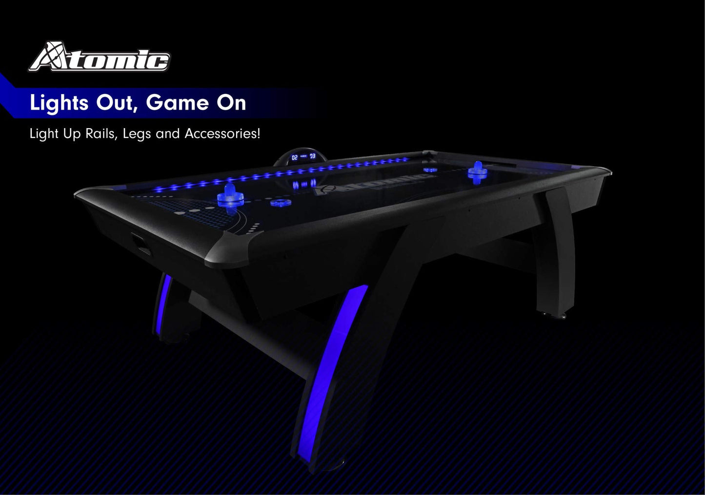 Atomic 90” Indiglo LED Light Up Air Hockey Table – Fully Illuminated Arcade Style Table with LED Scoring, Light Up Pucks & Pushers, in‑Rail Lighting and Music