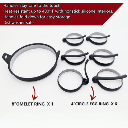 GAGAQI Nonstick Silicone Egg & Omelet Ring Kit,4" Egg Rings & 8" Omelet Ring, Egg Rings for Frying Eggs, Pancakes, Patties and English Muffins, 7 Piece Set (BLACK)