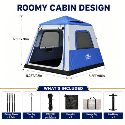 Inflatable Camping Tent with Pump, 2-4 Person Air Tent, Easy Setup Waterproof Blow Up Cabin with Awning for Outdoor Camping