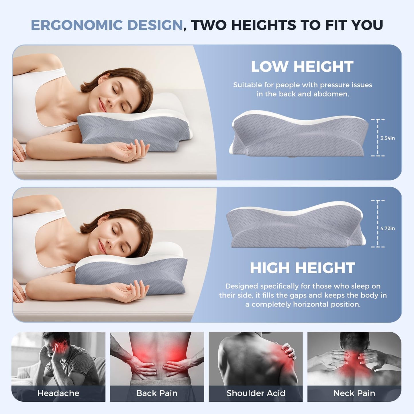 Cervical Neck Pillow, Memory Foam Pillows for Neck and Shoulder Pain Relief, 2 Heights Ergonomic Pillow with Breathable Ice Silk Cover, Neck Support Pillow for Side Back Stomach Sleepers, Odorless