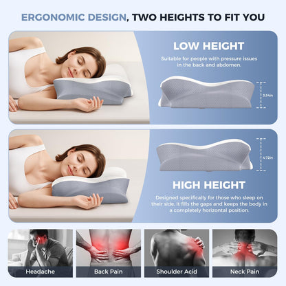 Cervical Neck Pillow, Memory Foam Pillows for Neck and Shoulder Pain Relief, 2 Heights Ergonomic Pillow with Breathable Ice Silk Cover, Neck Support Pillow for Side Back Stomach Sleepers, Odorless