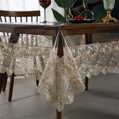Clear Plastic Waterproof Tablecloth, Vinyl PVC Rectangle Table Cloth with Lace Macrame, Oil Spill Proof, Table Cover for Dining Tables, Parties and Holidays (Champagne, 60 x 106 Inch)